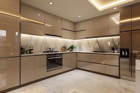 Modern Beige And Champagne Toned L-Shape Kitchen Design With High-Gloss ... inside Why Most Glossy Kitchen Trends Are Dead Wrong (And What Actually Works)