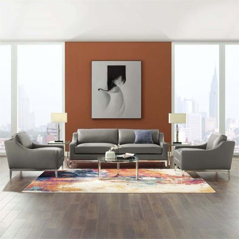 Modway Harness 3-Piece Stainless Steel And Leather Sofa Set In Gray ... inside Modway Harness 3-Piece Stainless Steel And Leather Sofa Set In Gray