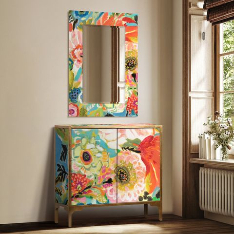 Rosdorf Park Coutee "Secret Garden Floral Iii" Console On Beveled ... with regard to Secret Garden Floral Ii Reverse Printed Beveled Art Glass Cabinet And Mirror Set