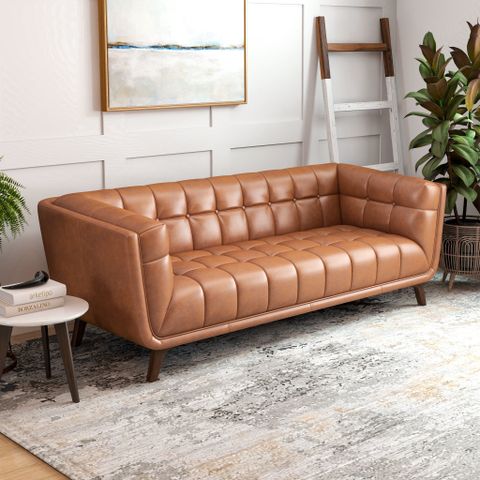 Steel Mid Century Modern Leather Sofa Ronan 3 Seater Leather Sofa throughout Kartmes Mid Century Modern Furniture Style Leather Sofa Set In Cognac Tan